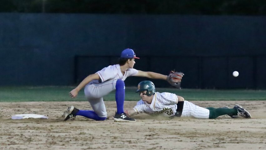 Panther shortstop Boogie Trimble takes the throw from catcher Brett Sutton during an attempted steal of second base by the Harleton Wildcats. Ball and runner&nbsp;arrived simultaneously, and the call went to Harleton.