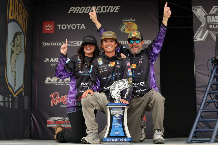 Tucker Smith celebrates his win at the Lake Fork Bassmasters Elite event Sunday with his parents. He brought home more than 34 pounds of largemouth bass to take over the lead, averaging almost seven pounds per fish on the final day. It gave him the seventh most all-time in the Bassmasters Elite series and put the series rookie in first place for Rookie of the Year honors, as well as the $100,000 first prize.