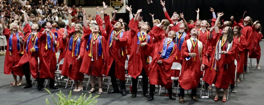 The caps fly at Wagstaff Gym as the Alba-Golden Class of 2025 earned its diplomas last Thursday.